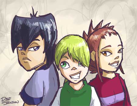 A sketch of three young characters