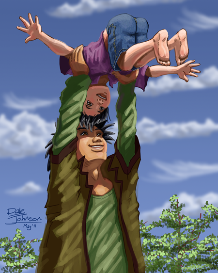 A father throws his son up into the air. (Artwork by Dale M.A. Johnson)