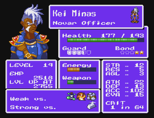 Character status screen mock-up for Another Star 2.