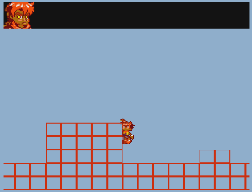 Prototype platformer screenshot of character hanging from ledge.